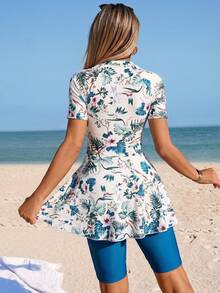 Swim Mulvari 2pcs Women's Blue & White Floral Chinoiserie Print Mini Skirt & Camisole Bikini Set, Elegant Casual For Spring/Summer Beach Party Holiday - Dark Green - View 3