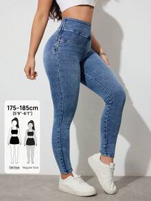 SHEIN Tall Quần jean nữ cạp cao, ôm sát, co giãn, thích hợp cho trang phục thường ngày mùa hè, dự tiệc và phong cách đường phố. Quần jean nữ ôm sát, co giãn, màu xanh dương, dành cho nữ cao. - Màu xanh lam - Xem 1