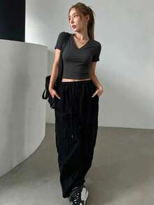 DAZY Women's Casual Solid Color Short Sleeve T-Shirt, Versatile For Summer - Black - View 4