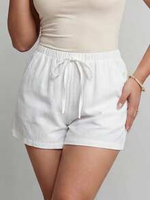 SHEIN Tall CURVE Quần short cạp cao màu trơn, kiểu thắt nút phía trước, cỡ lớn, thích hợp mặc mùa hè. - trắng - Xem 4