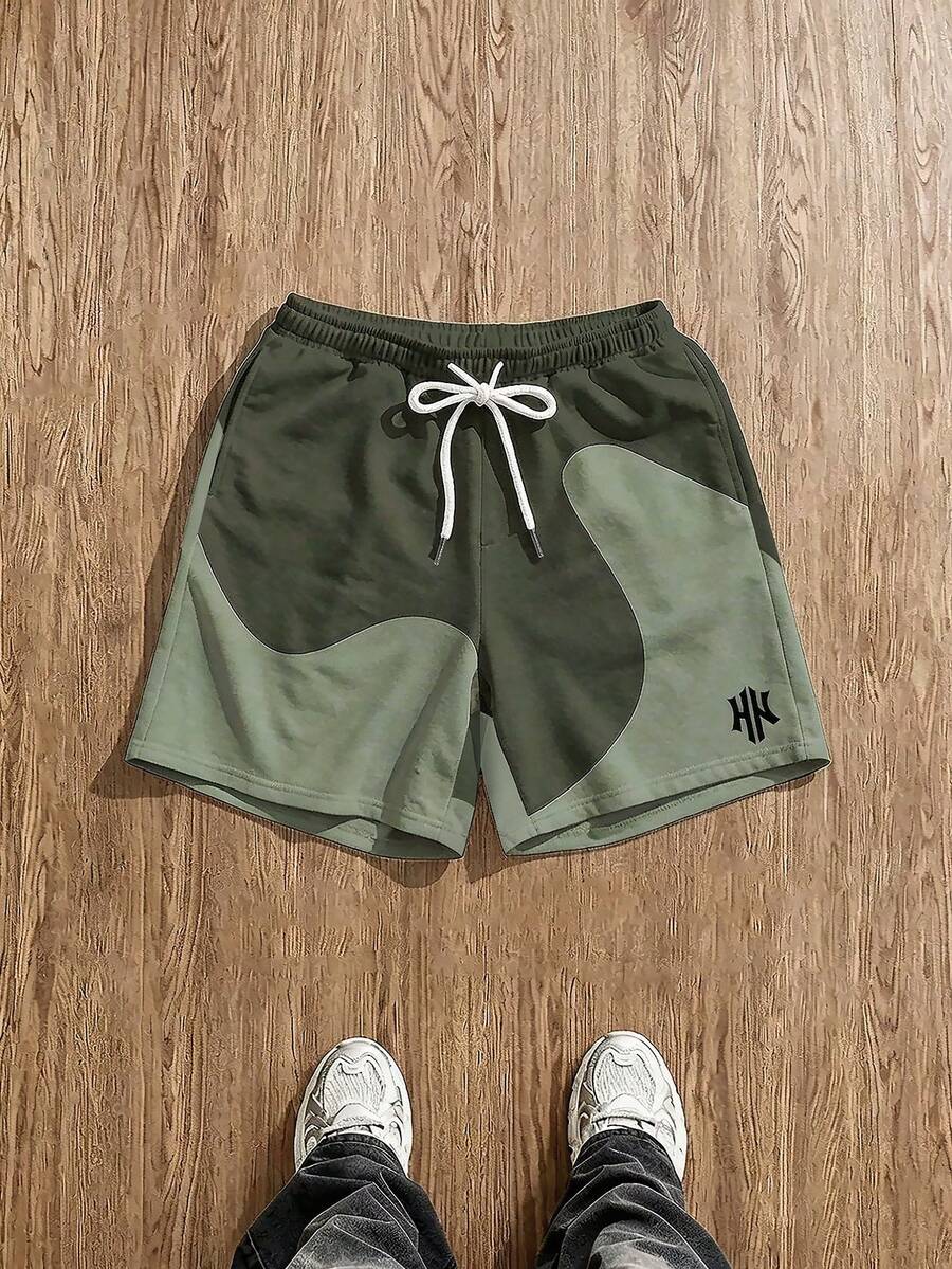 Manfinity Joysei Pantalones cortos casuales y versátiles para uso diario con cintura con cordón y estampado de letras en bloques de color para hombres - Multicolor - Ver 1