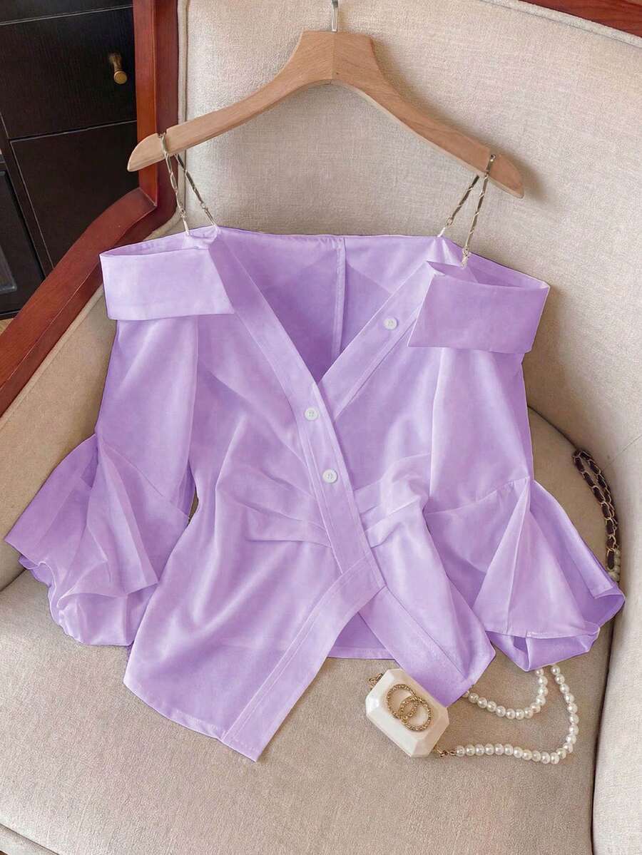 GlowEve Blusa casual de vacaciones para mujer con hombros descubiertos, cintura fruncida y cadena de unicolor, para primavera/otoño - Morado - Ver 1
