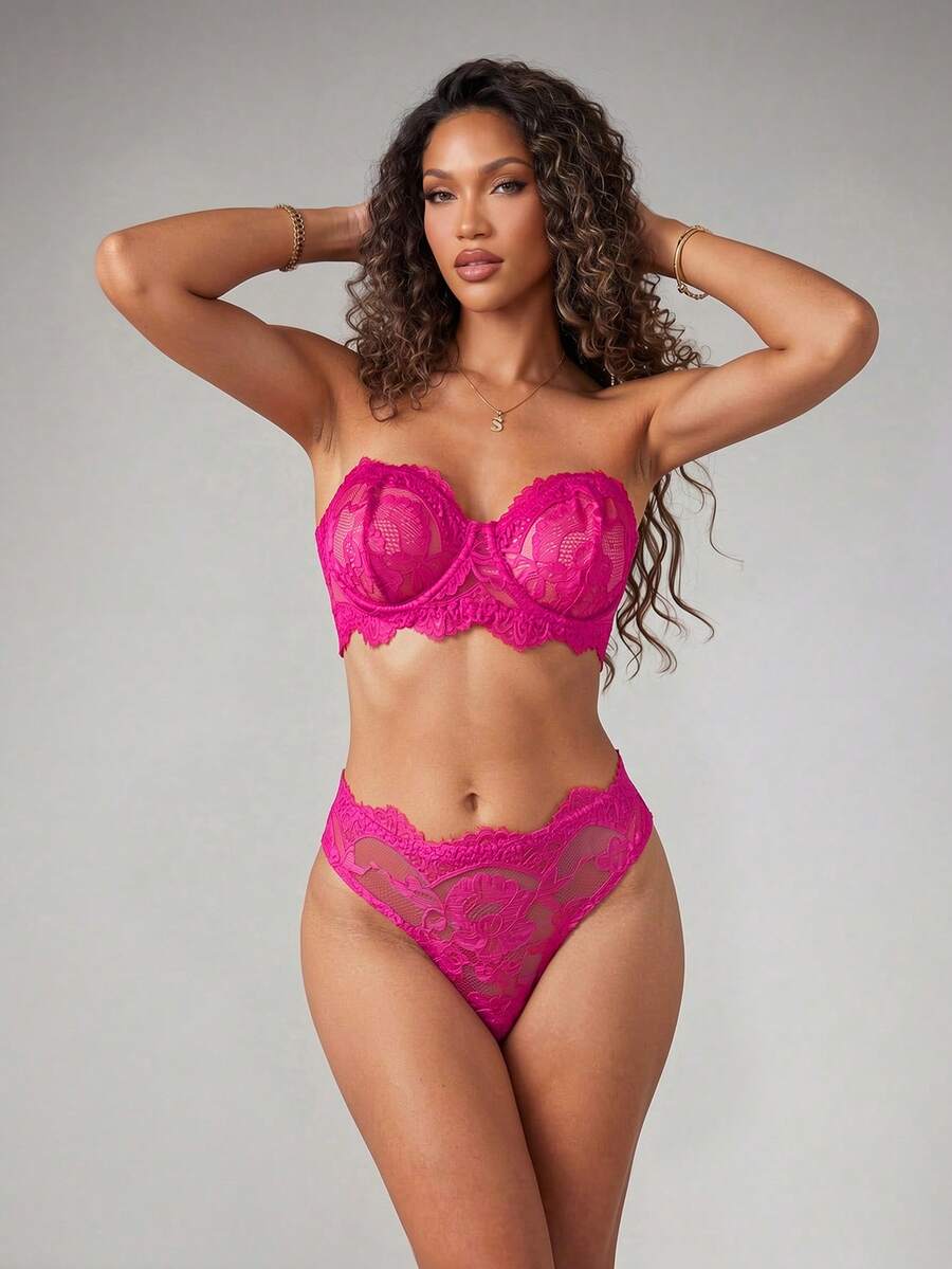 Silforma 2件套女士纯色蕾丝花边休闲性感内衣套装 - 玫紅色 - 查看 1