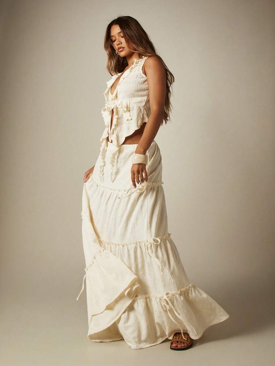 MISSGUIDED Paisley Textured Tiered Ruffle High Rise Full Circle Maxi Skirt Tie Details Flowing Silhouette Boho Summer Picnic Vacation White - Apricot - View 1