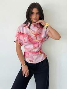 Firerie Crinkle Collar Asymmetrical Sleeve Side Ruched Cinched Waist Commuter Pink Marble Print Blouse For Women, All Season,Summer Top - Pink - View 4