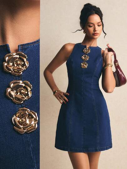 Poéselle Vestido vaquero sin mangas con decoración de metal, casual de verano para mujer