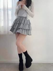 FRIFUL Women's Casual Solid Color Layered Ruffle Hem A-Line Skirt - Grey - View 2