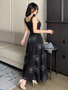 DAZY Đầm denim không tay cổ vuông in hoa thanh lịch dành cho nữ, đầm hè chống nắng cho nữ - màu đen - Xem 2