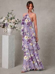 aL'Amorae Vestido maxi elegante y romántico de invitada de boda, de gasa con cuello halter y volantes sólidos - Morado - Ver 4