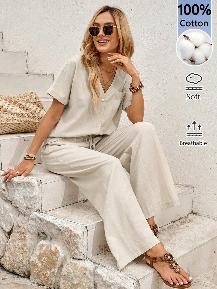 Women's Casual Boho, Holiday, Daily, Commute Minimalist Beige V-Neck Short Sleeve Shirt And Drawstring Waist Long Pants 2-Piece Set, Summer Outfits For Women Vacation Outfits Casual Sets For Women Outfits Women Outfits For Women Two Piece Set For Women Casual Sets For Women Matching Sets For Women Sets Women's Two Piece Sets Cotton Women's Clothing