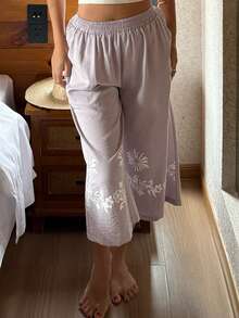 DAZY Bas de pyjama capri à jambes larges avec imprimé rétro pour femmes, convient pour les vacances à la plage - Mauve - Voir 6