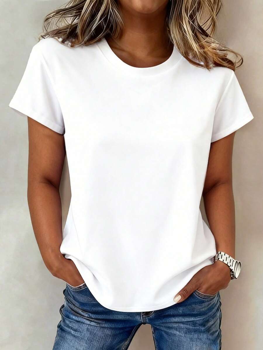 EMERY ROSE Camiseta de manga corta de unicolor casual de talla grande, verano - Blanco y Negro - Ver 1