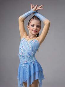SHEIN Girls Figure Skating Clothes,Sparkling Rhinestone Competition Training Dress,Long Sleeved Mesh Skirt,Blue Summer Sport One-Piece,High Elasticity Slim - Multicolor - View 4