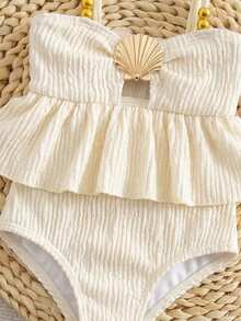 SHEIN Baby Girl One-Piece Swimsuit,White Ruffle Monokini With Seashell Frilled Trim,Cute Polyester Toddler Bathing Suit,Fashionable Beach Holiday Swimwear - Apricot - View 5