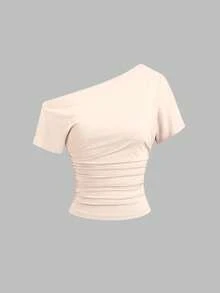 Sweetra Neuer Frühling/Sommer Damen stilvoller High Street Chic asymmetrischer Schulter figurbetonte schmale bequeme lässig Sport T-Shirt - Aprikosenfarben - Übersicht 6