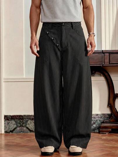 SWAVVY Men's Casual Button-Decorated Striped Wide-Leg Pants, Spring/Summer