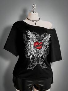 SHEIN ICON 大码女式哥特图案印花宽松不对称肩部T恤，街头服饰 - 黑色 - 查看 11