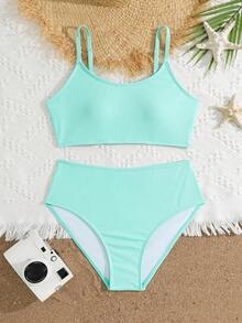 SHEIN Tween Girl Girls' Tankini Swimwear, Casual Minimalist Black Knit Camisole Tween Girls Swimwear Bikini Set, Suitable For Swimming, Vacation, Summer - Mint Green - View 3