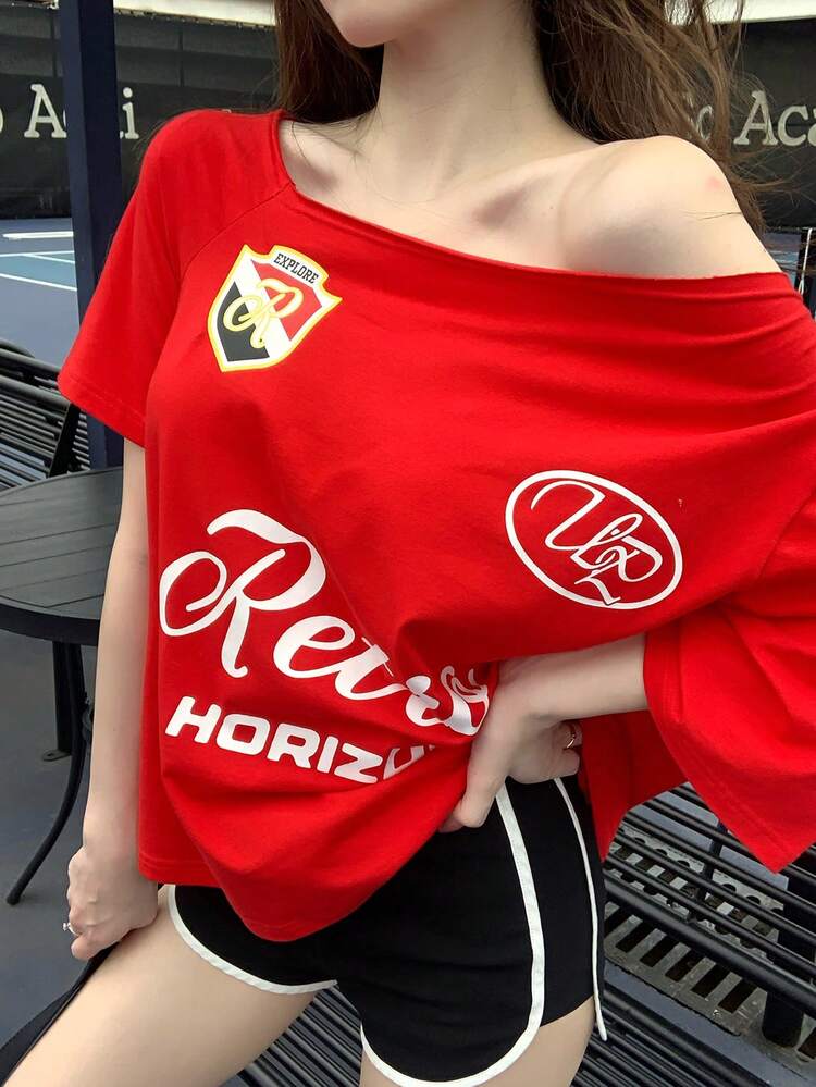 Spring & Summer Casual College Style Letter Graphic Print Loose T-Shirt, Sports Jersey, Music Festival Streetwear Vacation Outdoor Short Sleeve T-Shirt For Women Y2k