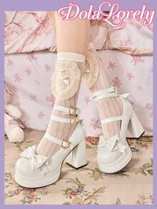 Dola Lovely 女款白色高跟瑪麗珍厚底鞋，蘿莉塔穿搭 JK 穿搭，哥德風 Y2K 穿搭 - 白色蝴蝶 - 查看 3
