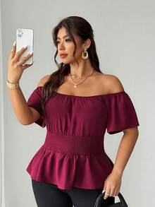 Elenzga Plus Size Women's Elegant Burgundy Summer Off-Shoulder Blouse,Elastic Waist Ruffle Hem Top,Wedding Guest Casual Wine Red Fashion For Vacation - Burgundy - View 3