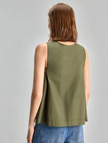 Ontre Áo kiểu nữ không tay cổ chữ V màu trơn, phong cách thường ngày - xanh quân đội - Xem 6