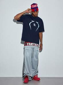 Modcrash Men's Summer Geometric Line & Letter Graphic Print Loose Fit Pullover Sweatshirt, Navy Blue - Navy Blue - View 2