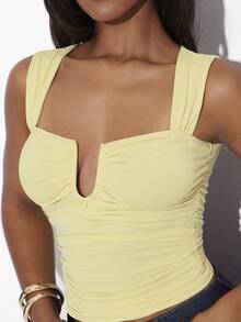 Hauture Áo tank top nữ cổ vuông nhún bèo có gọng chữ U, phong cách cổ điển, thích hợp mặc đi làm. - Màu vàng ngỗng - Xem 2