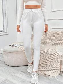 SHEIN Solid Elastic Waist Skinny Pants School White Autumn Casual Basic - White - View 7