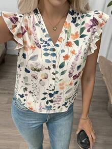 SHEIN Clasi 女士夏季沙滩度假印花V领荷叶边袖口衬衫 - 彩色 - 查看 7