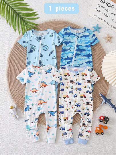 1pc Infant Boys' Comfortable Soft Knit Stretchy Cute Car & Truck Print Patchwork Blue Zipper Pajamas, Best Gift For Baby Boys