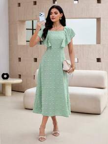 Modelyn 女士方领短袖修身绿色毛球设计休闲长连衣裙，适合度假穿着 - 綠色 - 查看 4