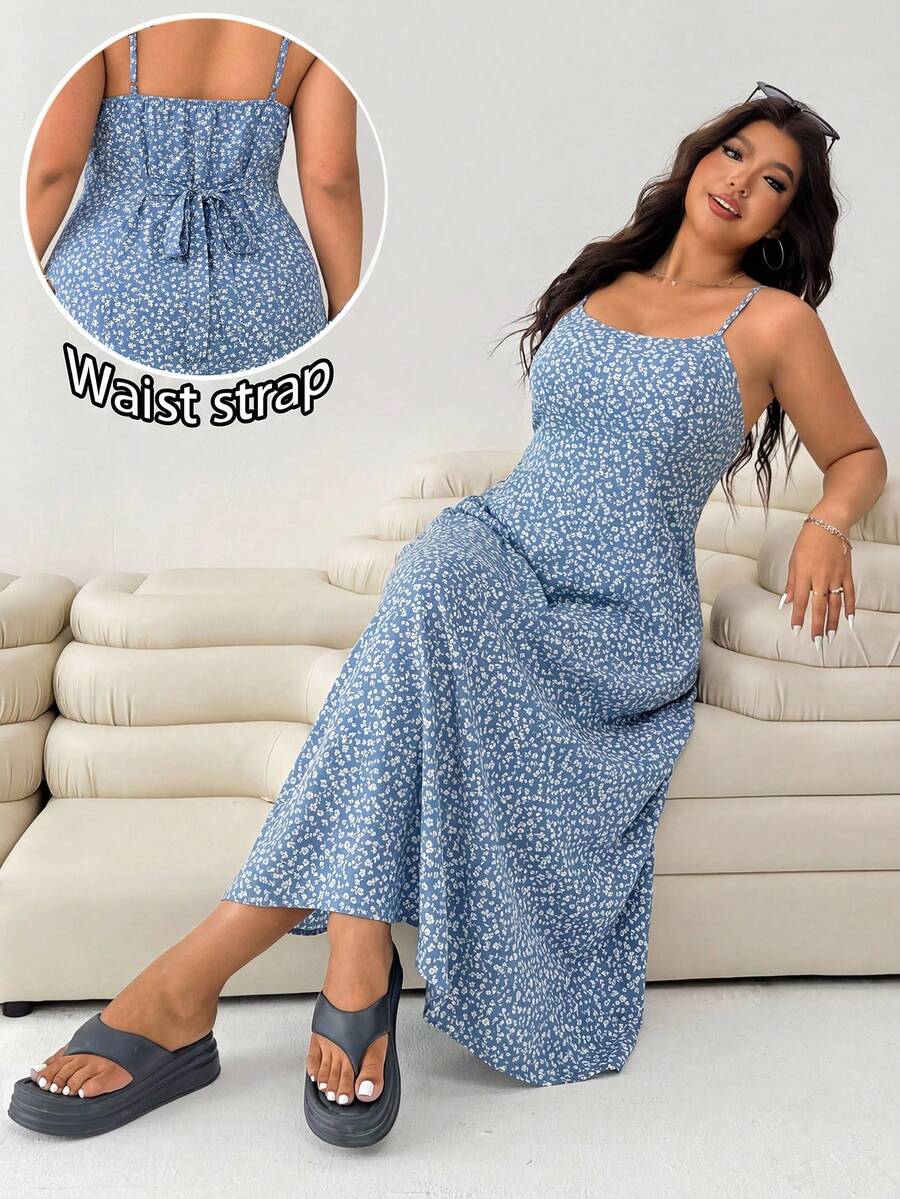 SHEIN EZwear 大码女式印花休闲派对度假吊带裙 - 藍色 - 查看 1