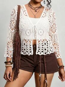 Freevana Plus Size Hollow Out Knitted Cardigan, Suitable For Vacation Fall - White - View 5