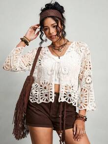 Freevana Plus Size Hollow Out Knitted Cardigan, Suitable For Vacation Fall - White - View 6