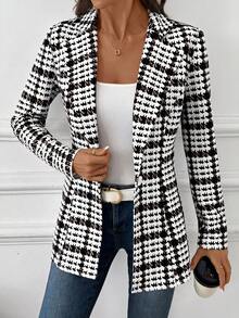 SHEIN Clasi Women's Elegant Plaid Blazer Jacket, Versatile Long Sleeve Blazer For Commuting, Classic Checkered Outerwear For Autumn - Brown - View 6