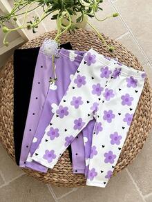 SHEIN 4pcs Baby Girl Knitted Solid Color, Polka Dot, Floral, Heart Pattern Casual Outfit Set - Multicolor - View 3
