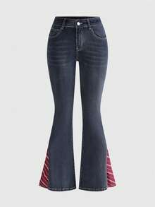 ROMWE Y2K Vintage Casual Washed Patchwork Design Low Waist Women Jeans Everyday Dark Grey Autumn - Medium Wash - View 2