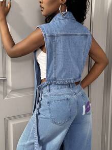 Slaydiva Summer New Washed Blue Denim Loose Jacket - Blue - View 2