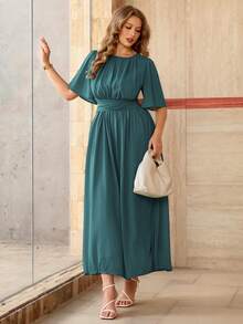 Roveilla Đầm maxi nữ cỡ lớn mùa xuân/hè kiểu Pháp lãng mạn Sicily thanh lịch thường ngày đi làm, đi nghỉ mát, dự tiệc trà chiều, chất liệu chiffon màu trơn, cổ tròn, eo xếp ly, gấu váy xếp tầng, có lớp lót, không tay. - Màu xanh ngọc - Xem 5