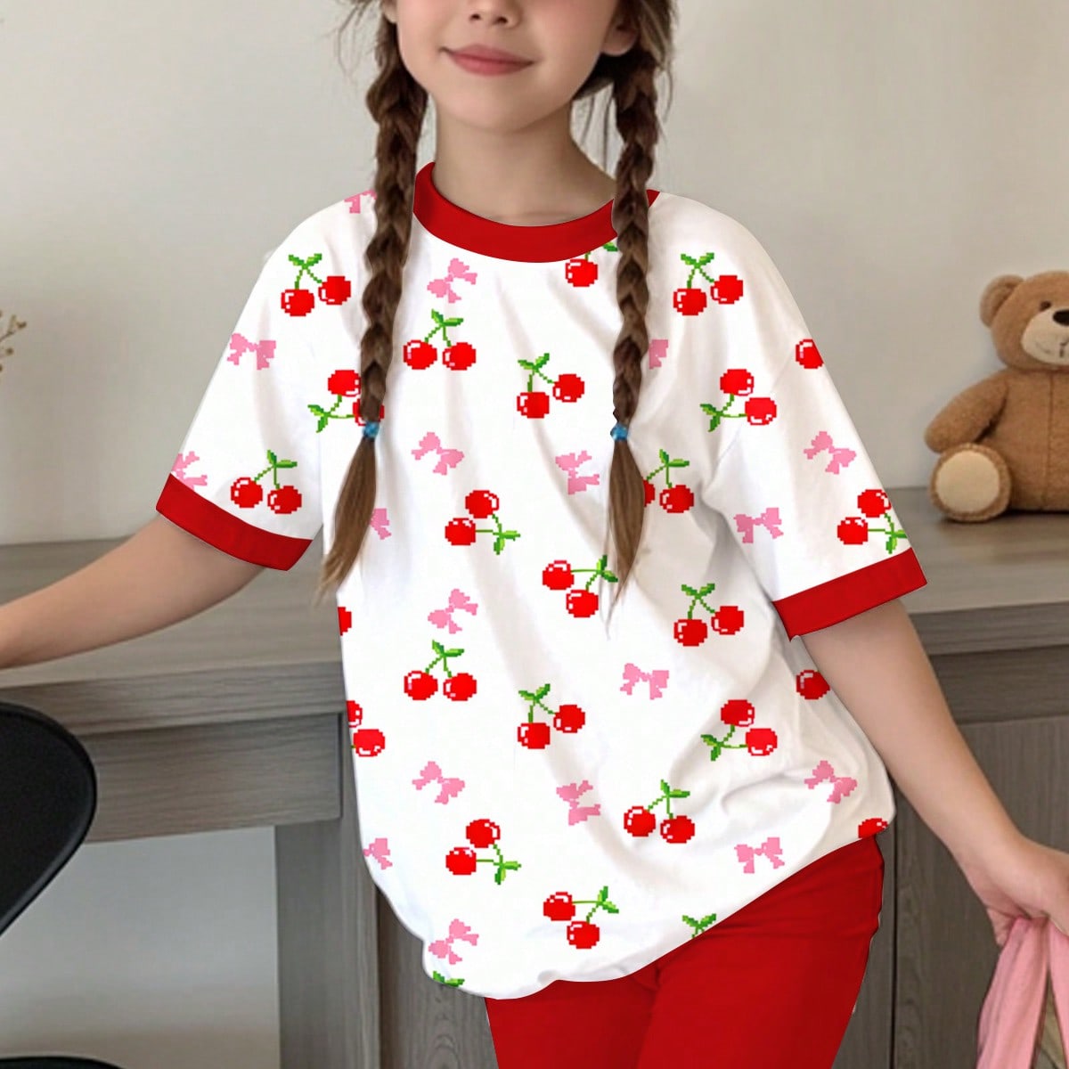 Conjunto de camiseta de manga corta con cuello redondo y estampado de lunares y cerezas, y leggings, estilo retro de vacaciones casual para niñas pre
