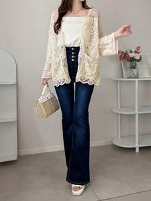 FRIFUL Camisa de mujer de manga larga con caída de hombros y bolsillo, de verano - Albaricoque - Ver 3