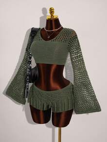 Amplova Conjunto de 2 piezas de suéter corto y sexy de unicolor con mangas acampanadas y calados, y shorts de punto con decoración de flecos para mujer en otoño/invierno - Verde militar - Ver 5