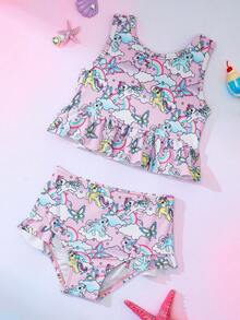 My Little Pony X SHEIN Bộ đồ bơi in hình hoạt hình cho bé gái, thích hợp cho kỳ nghỉ biển. - Màu tím hoa cà - Xem 1