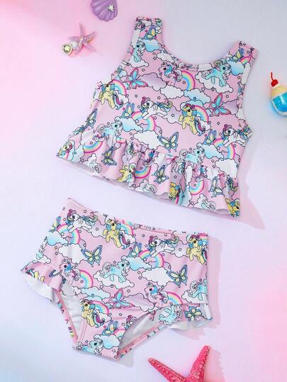 My Little Pony X SHEIN Baby Girl Cartoon Print Swimsuit Set, Beach Vacation