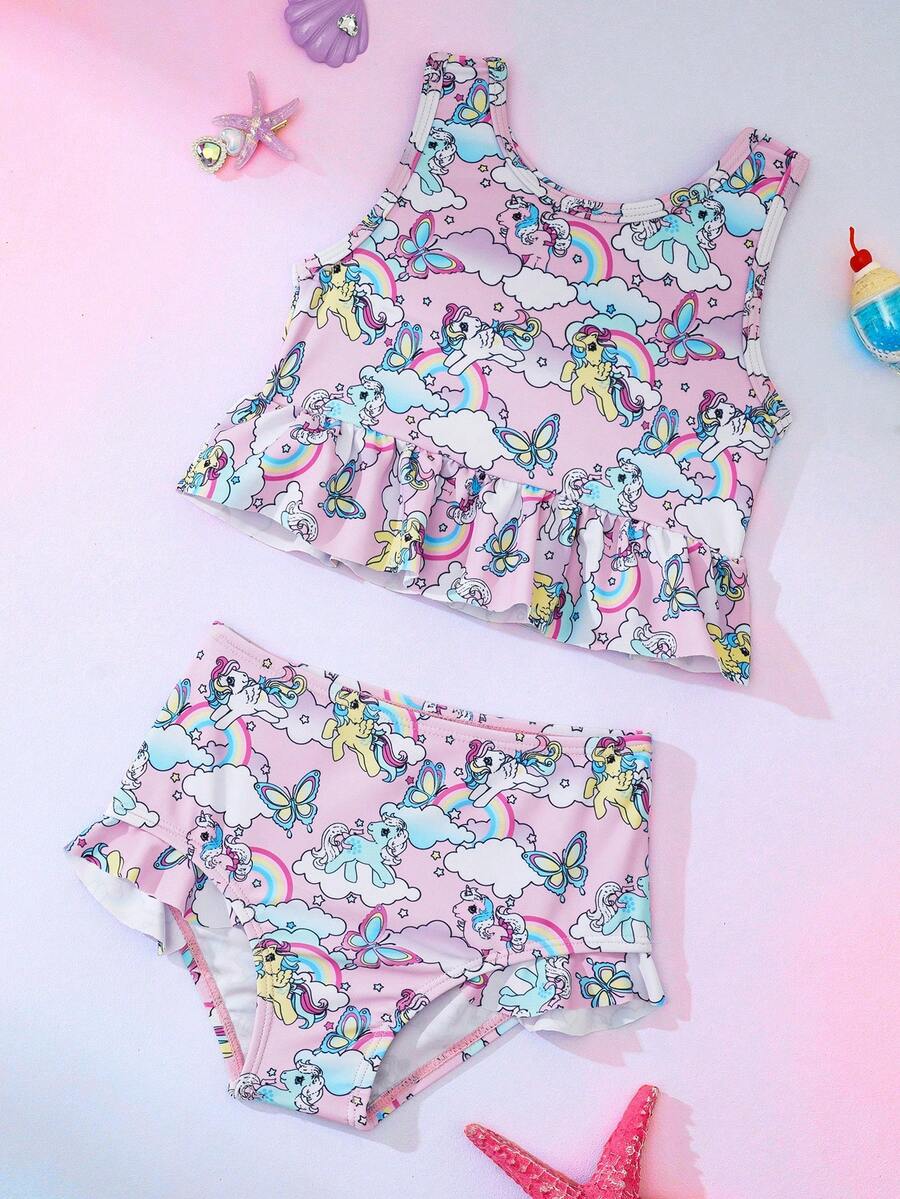 My Little Pony X SHEIN Bộ đồ bơi in hình hoạt hình cho bé gái, thích hợp cho kỳ nghỉ biển. - Màu tím hoa cà - Xem 1