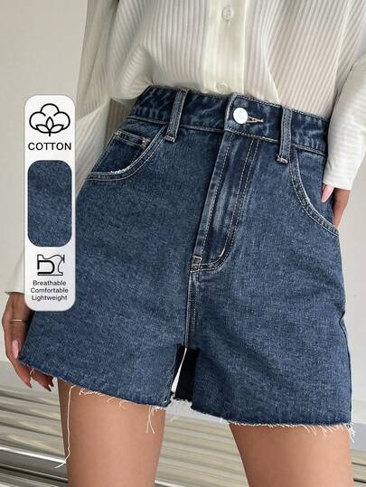 DAZY Shorts vaqueros de pierna recta casual y relajada con botones y desgaste vintage lavado, adecuados para primavera y verano, uso en la playa/vacaciones