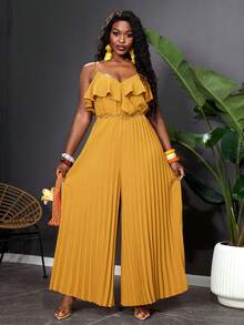 Reflora Plus Size Women Solid Color Backless Tie Pleated Wide Leg Jumpsuit - Yellow - View 2