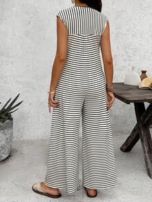 SHEIN Bộ áo liền quần kẻ sọc dành cho bà bầu, có chức năng cho con bú, thích hợp mặc hàng ngày. - Đen và trắng - Xem 2