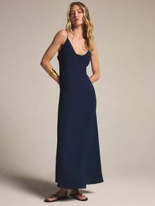 KSTM Vestido largo de verano sin mangas con detalle de cordones en la espalda, vestido de noche de piso de mujer con tirantes de color azul marino - Azul Marino - Ver 5